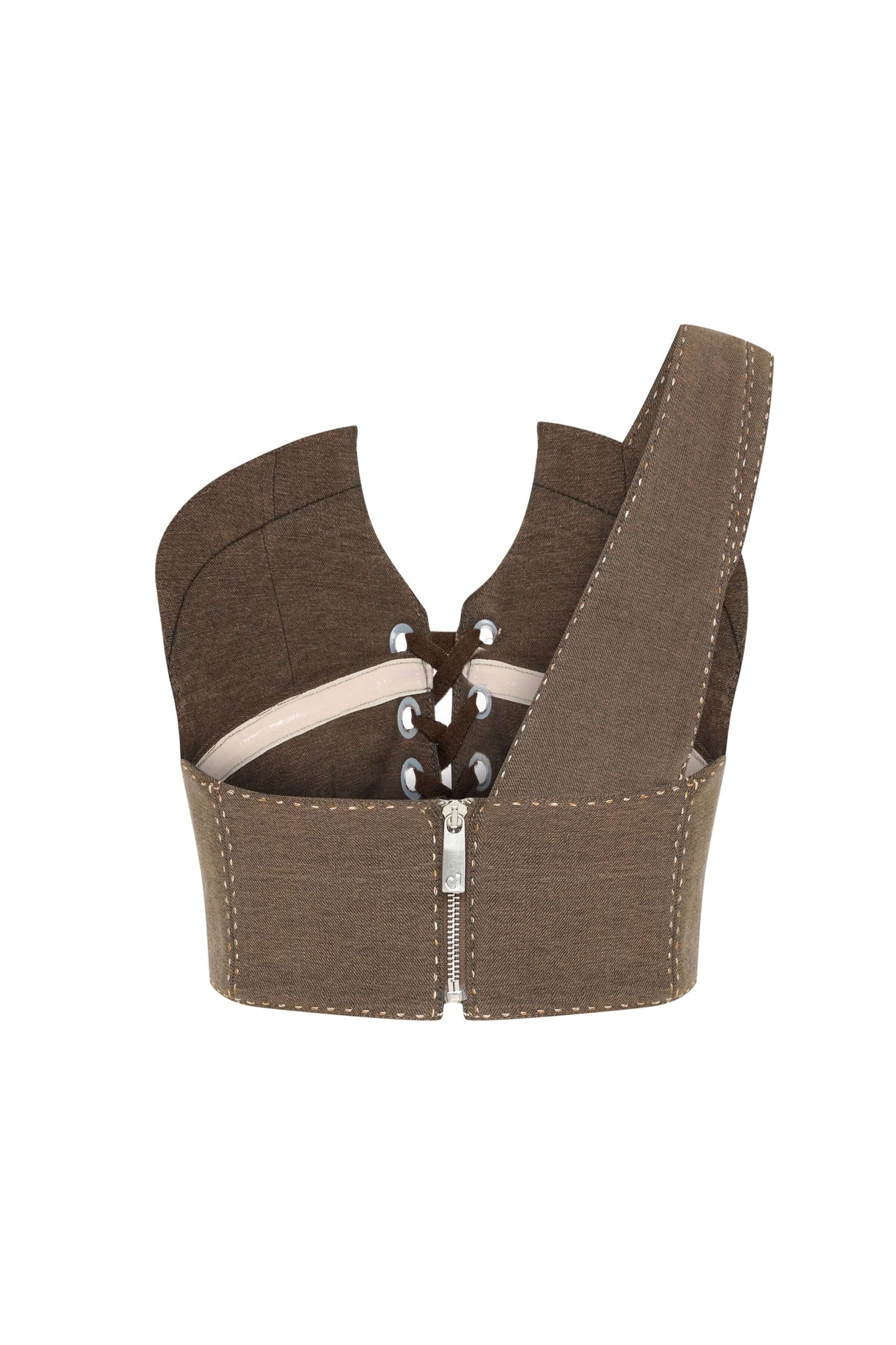 JENDUE Calen Crop Brown Lace-Up Canvas Corset Top