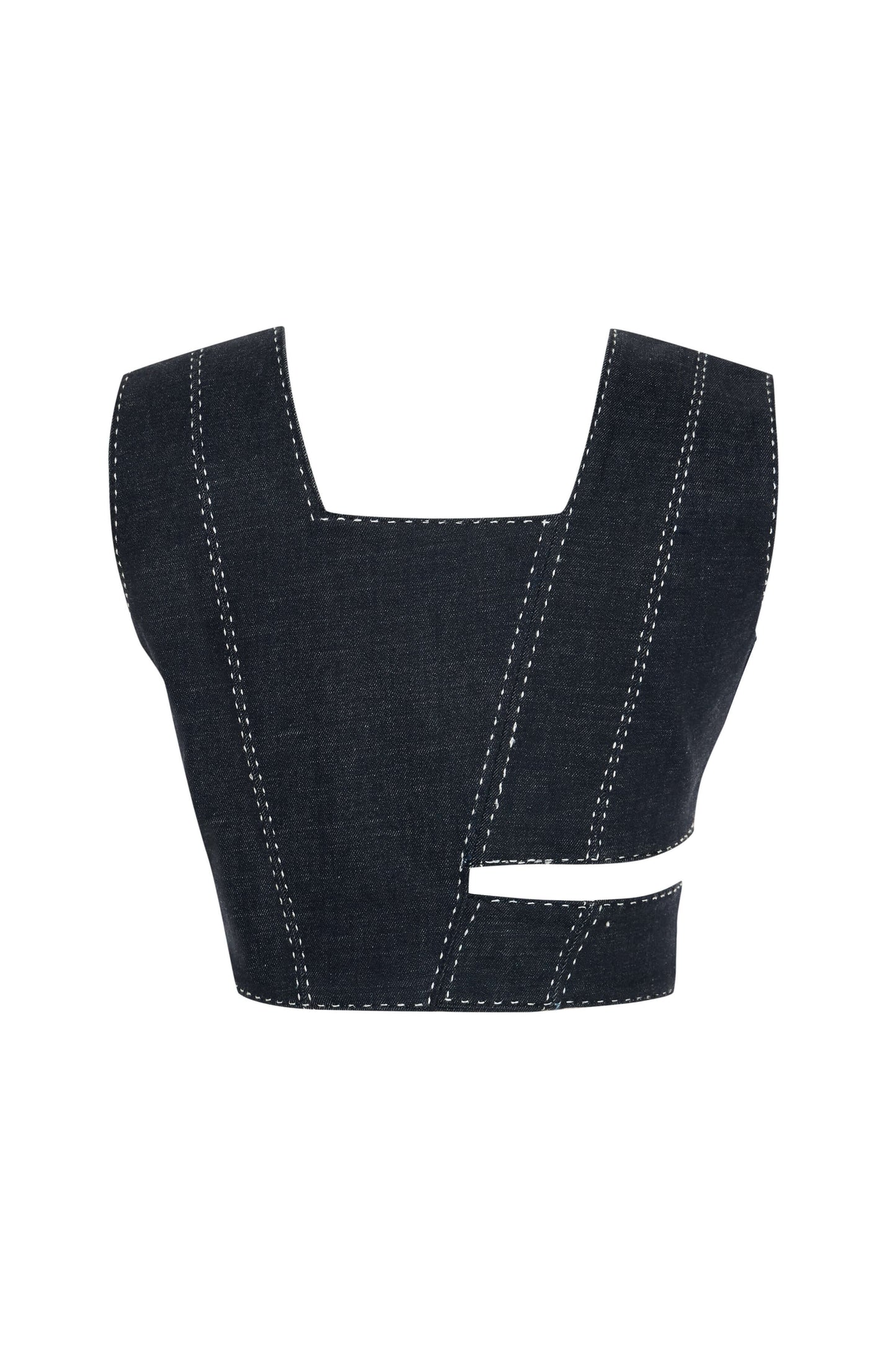 JENDUE Livia Crop - Asymmetric Dark Denim Cut-Out Top