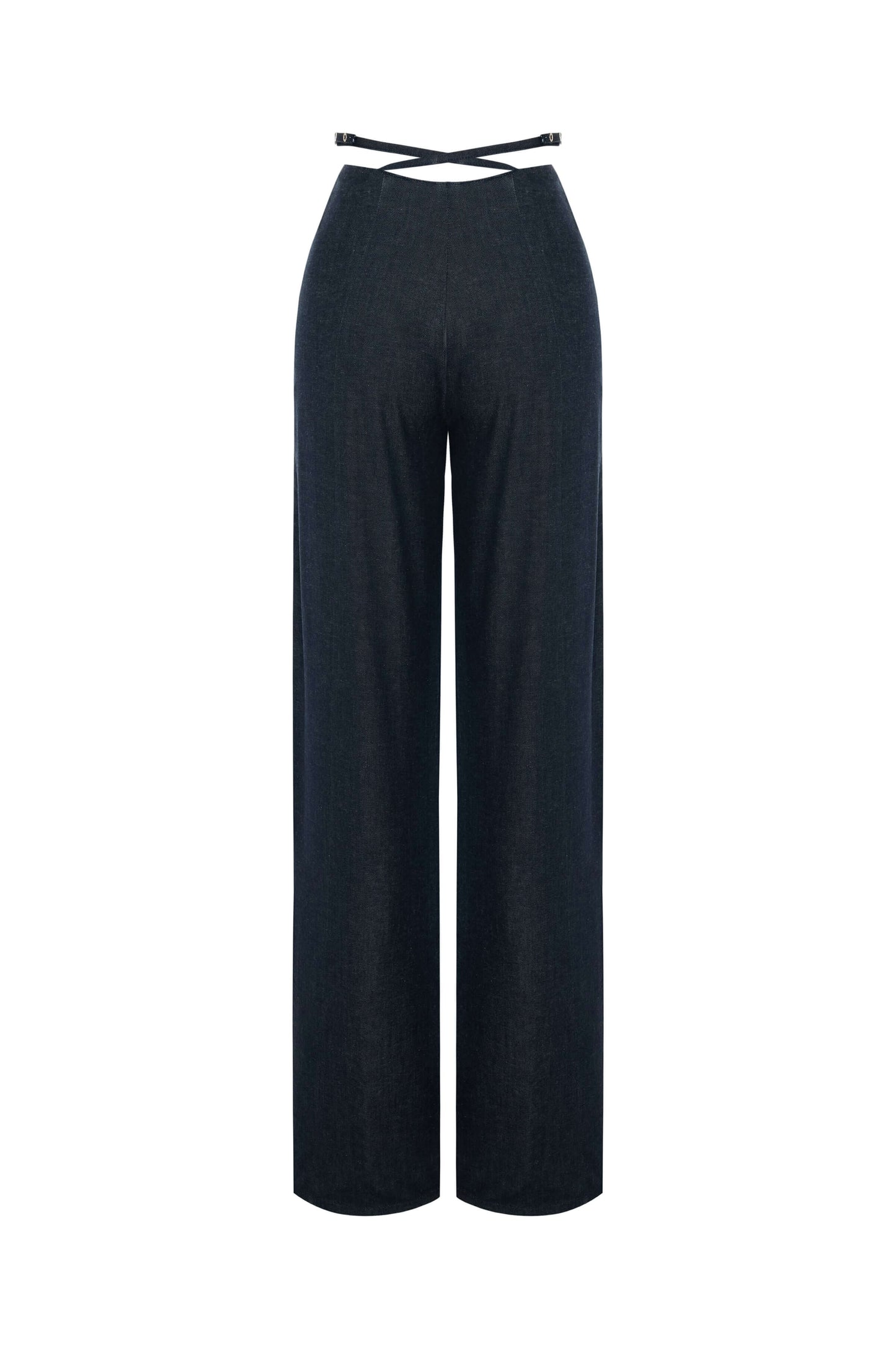 JENDUE Stella Trousers - High-Waist Criss-Cross Denim Pants