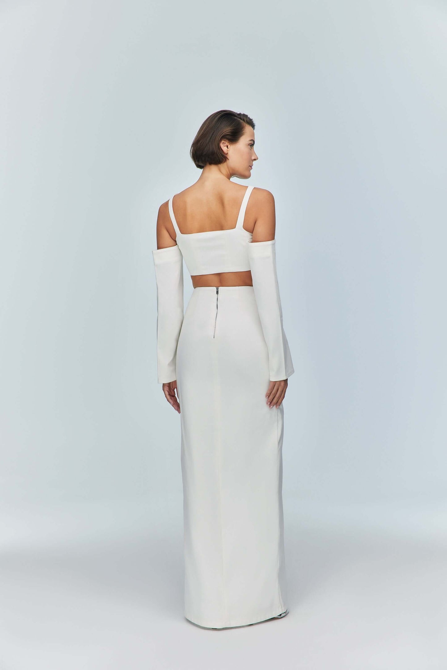 JENDUE Ron Long Sleeve Denim Top - White Off-Shoulder