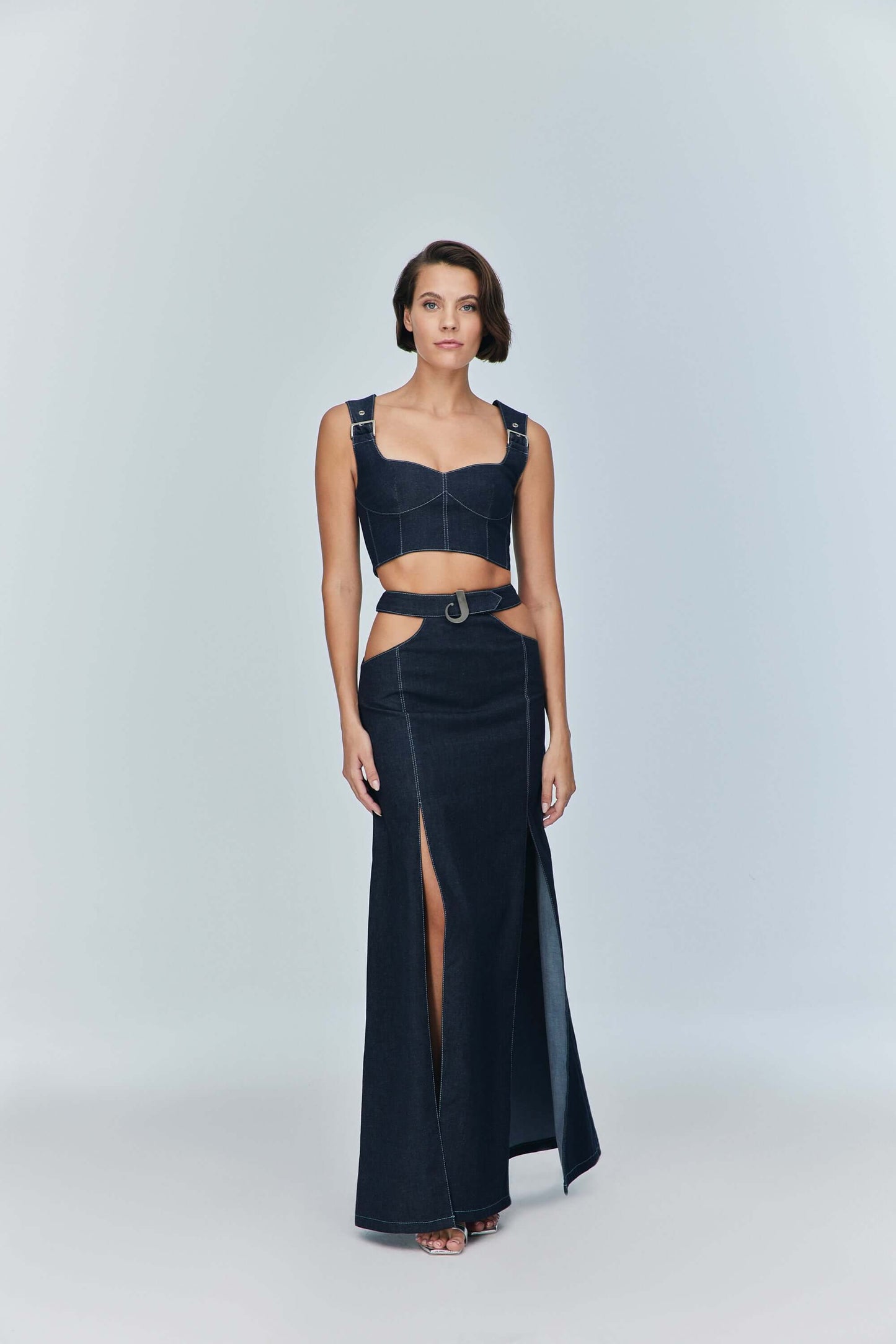 JENDUE Siena Maxi Denim Skirt - High-Waisted A-Line Blue