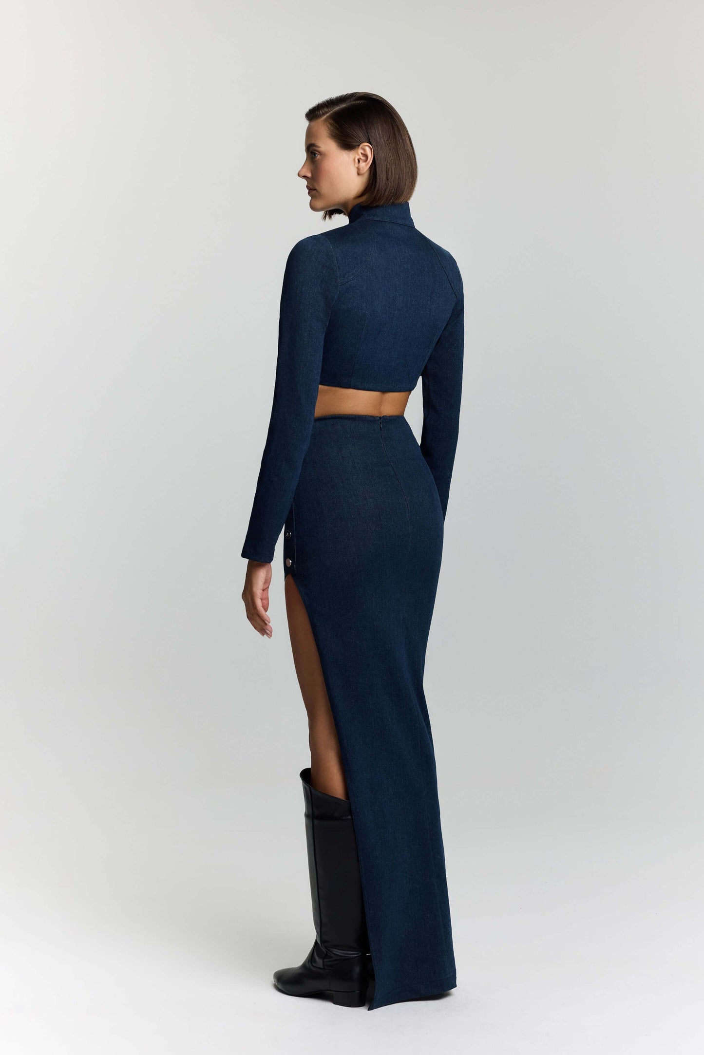 JENDUE Whispers Denim Skirt - High-Waisted Maxi with Slit