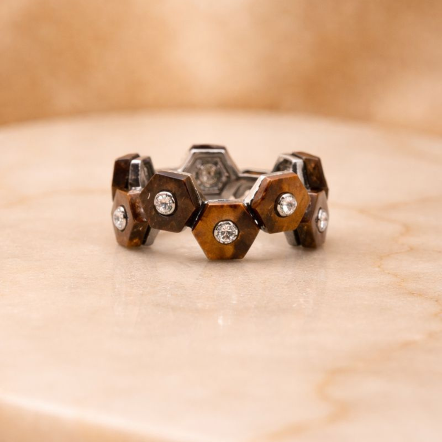 Hexagon Tiger Eye & Diamond Ring