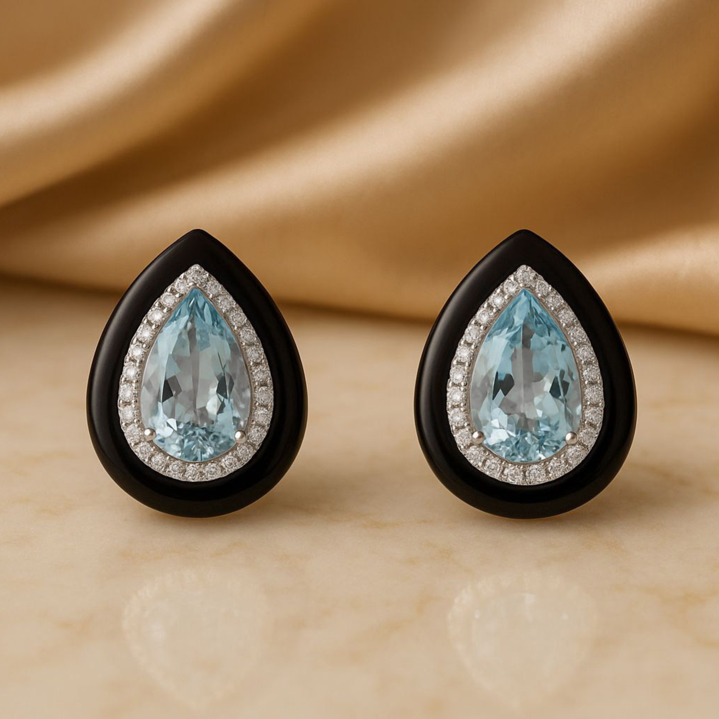 Ocean Tear Aquamarine Onyx & Diamond Studs