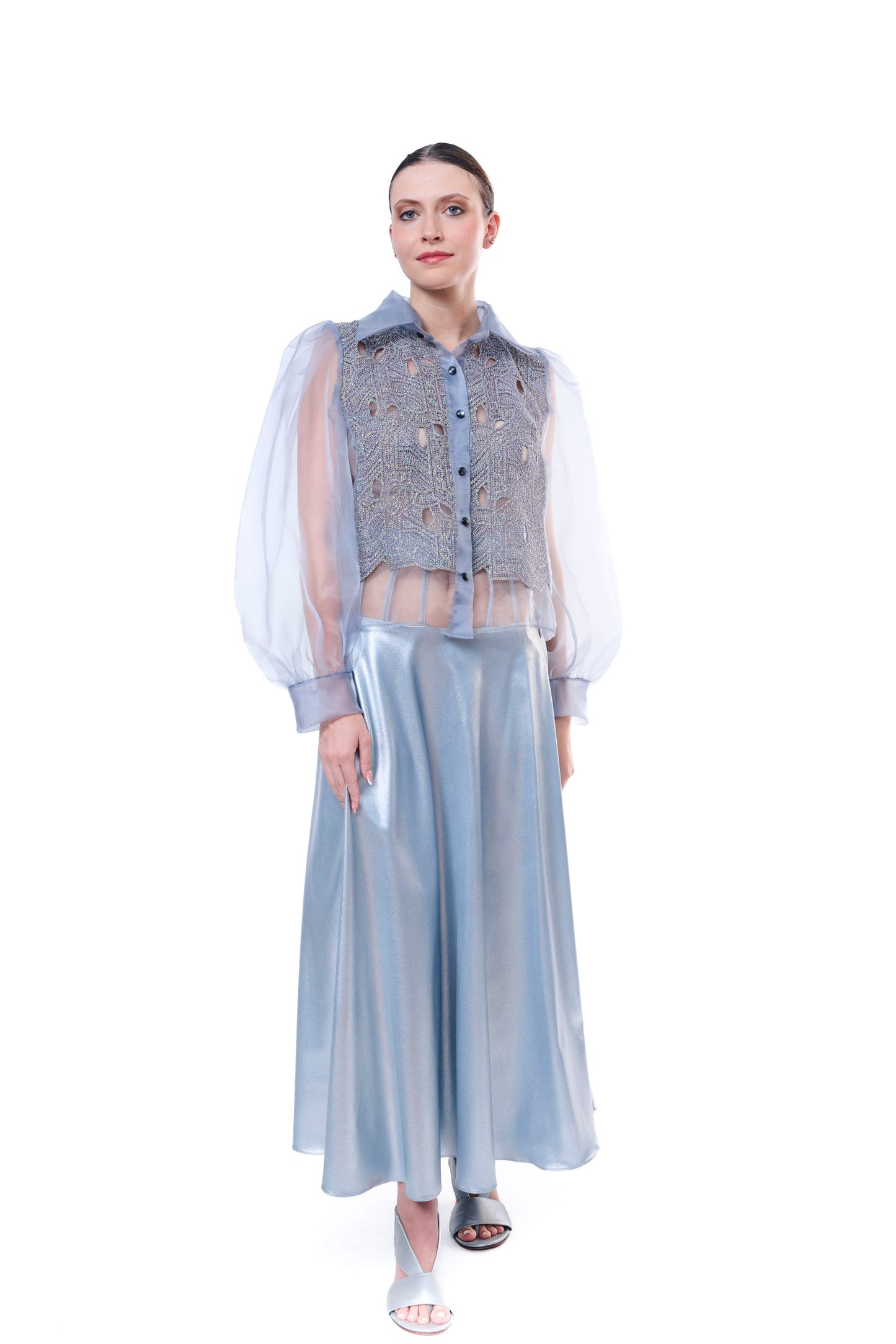 Unique Blouse Embroidered Light Blue Handmade