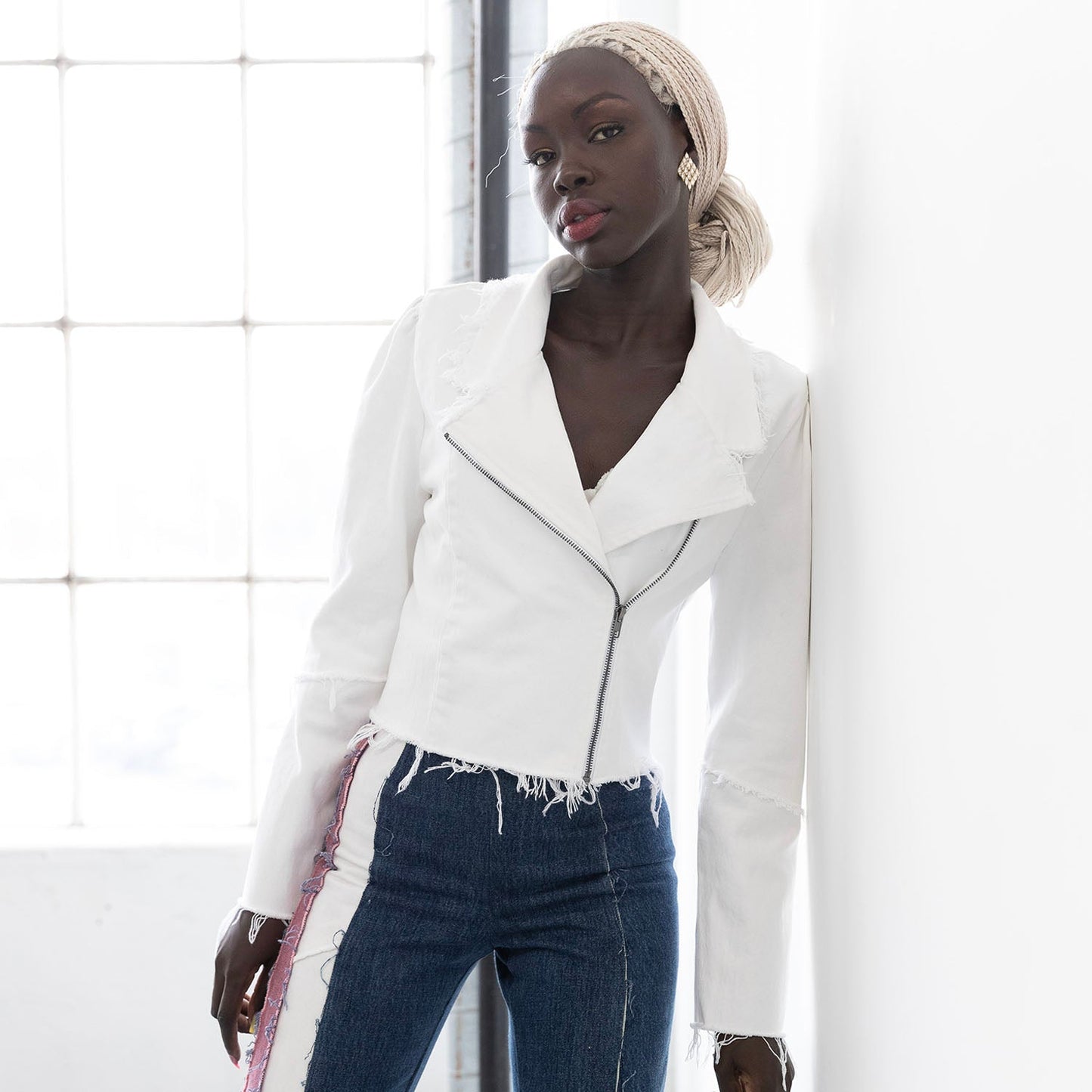 Angie Convertible Collar Moto Jacket - White