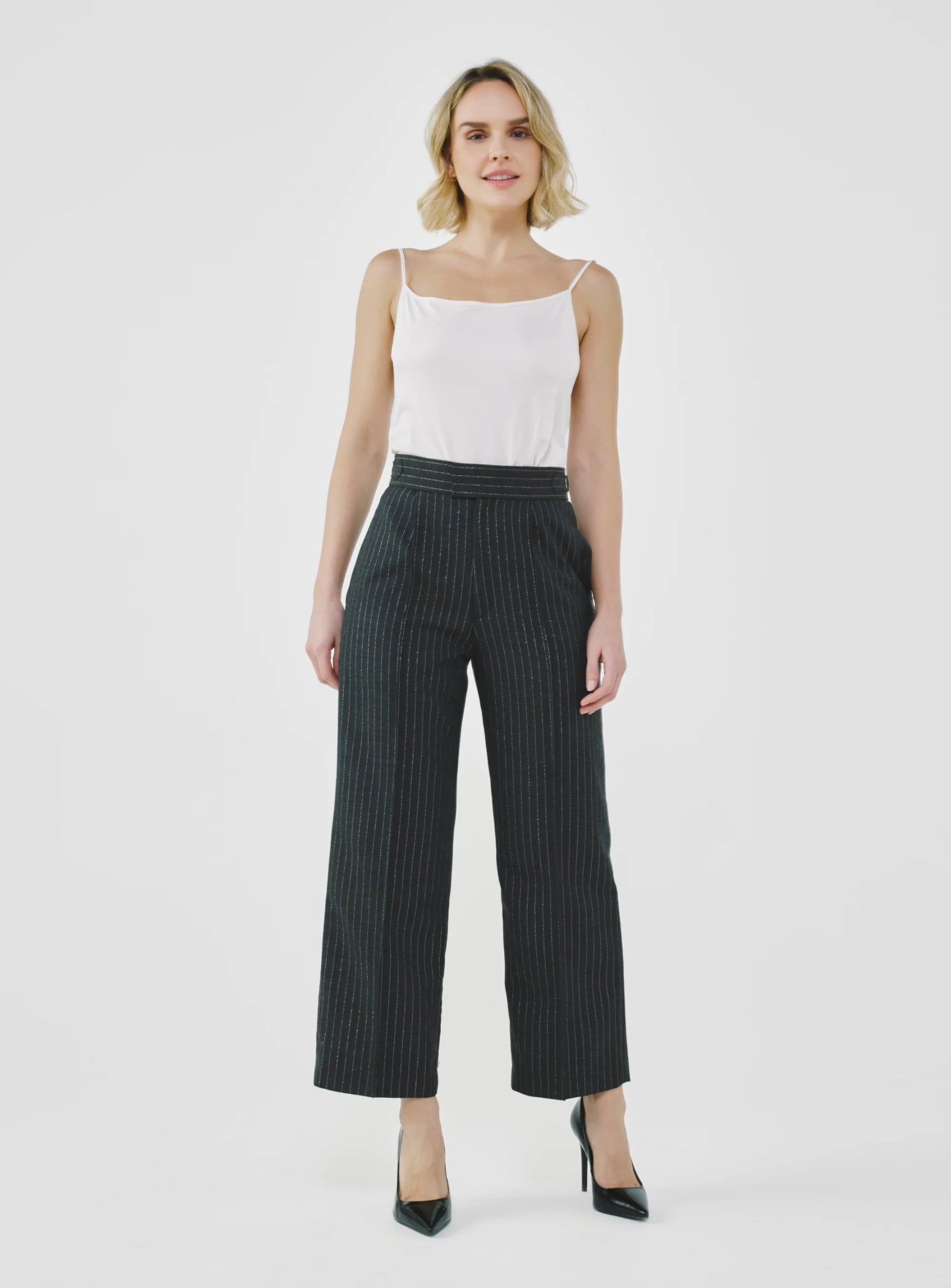 Pinstripe High-Waist Tailored Pants