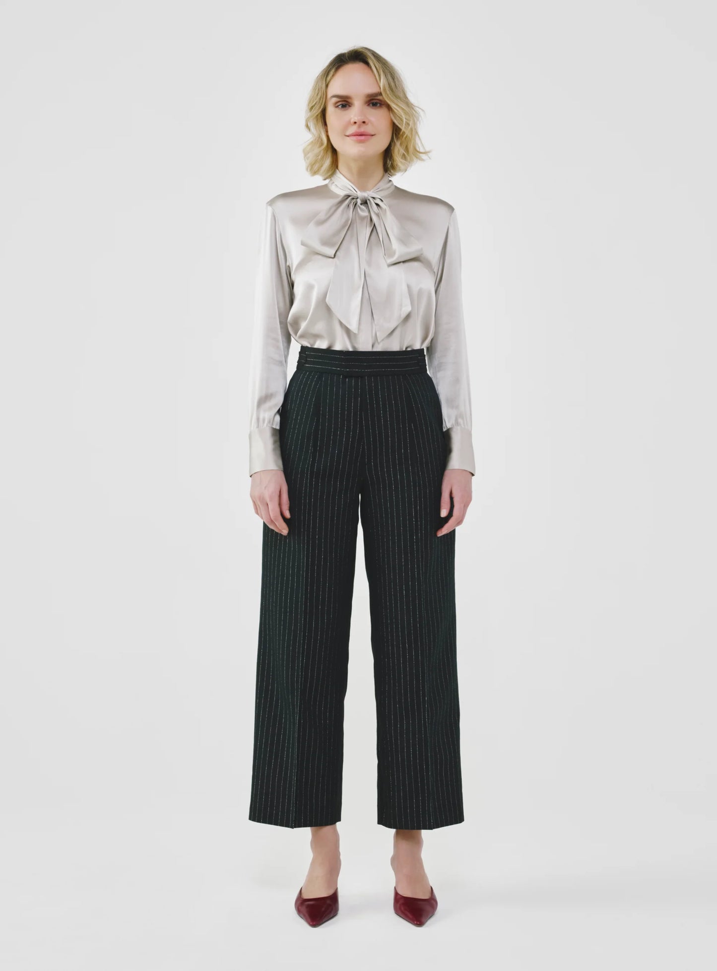 Pinstripe High-Waist Tailored Pants