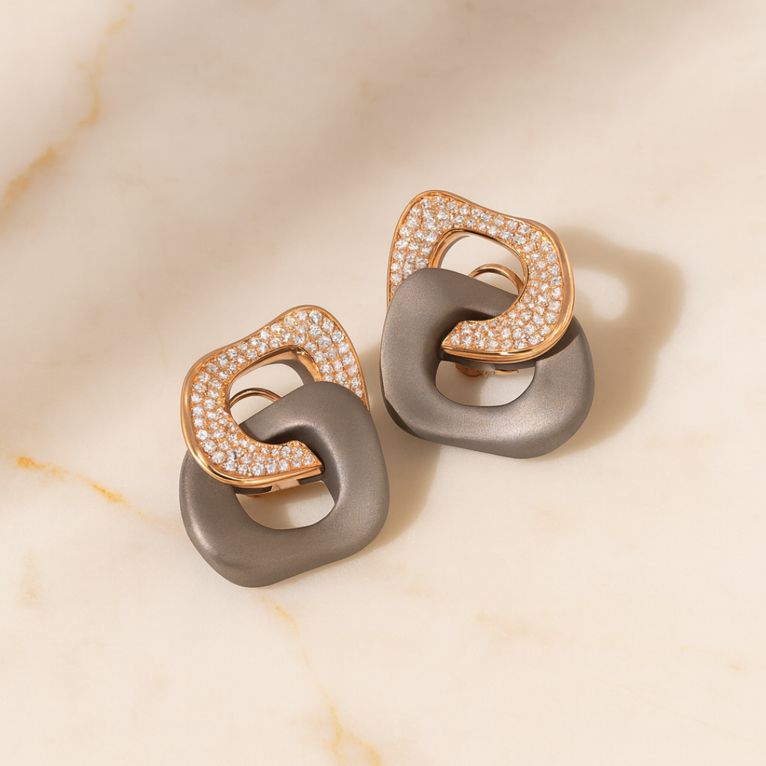 Titanium Earrings With Rose Gold & White Diamonds