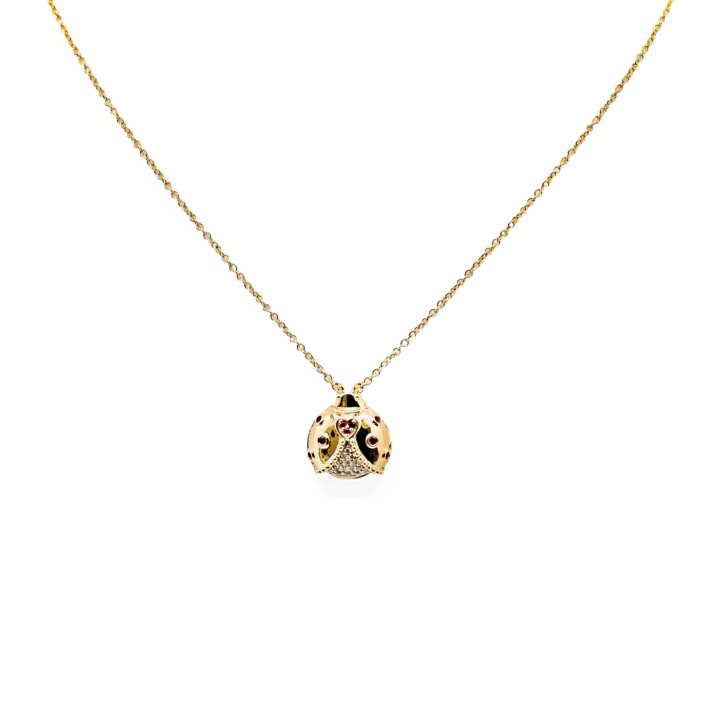 Lady Bug Pendant Necklace in 14K Gold with Rubies & Diamonds