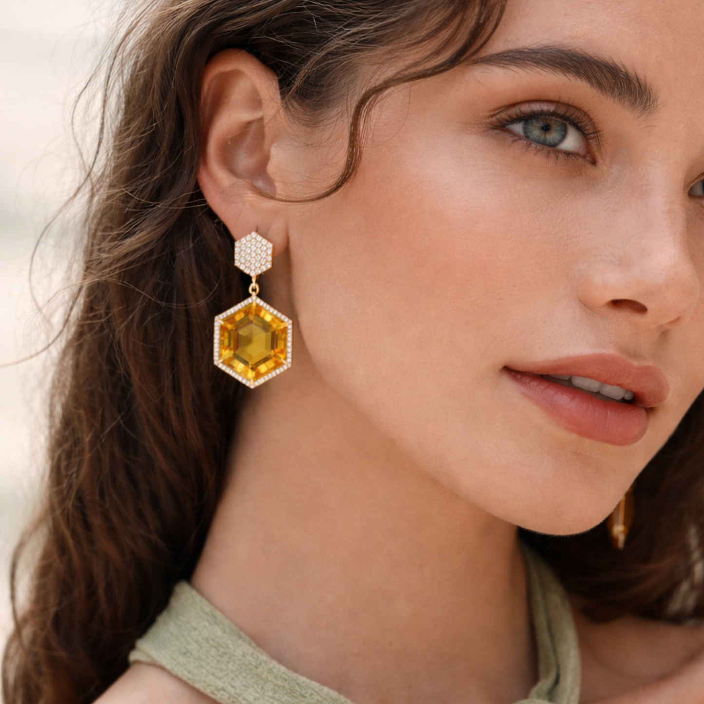 18K Gold Hexagon Diamond Earrings