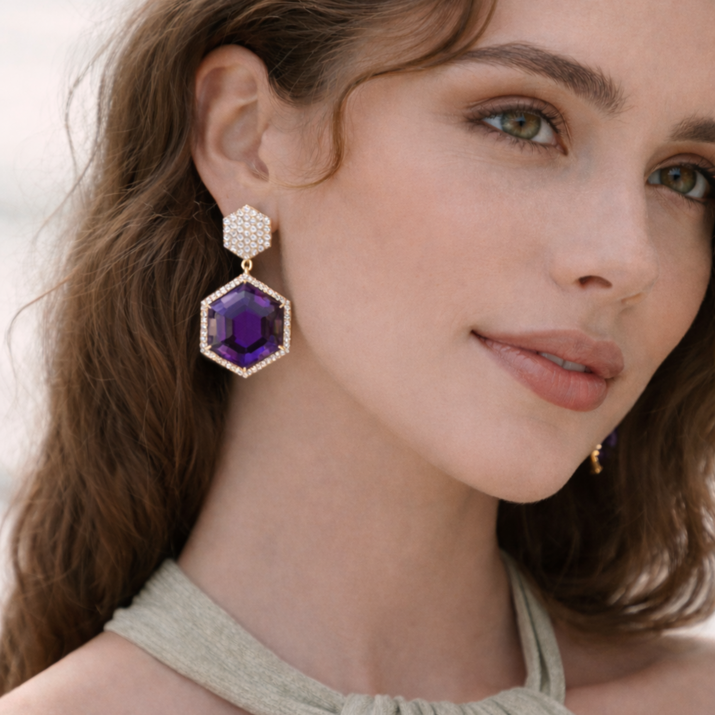 18K Gold Hexagon Diamond Earrings