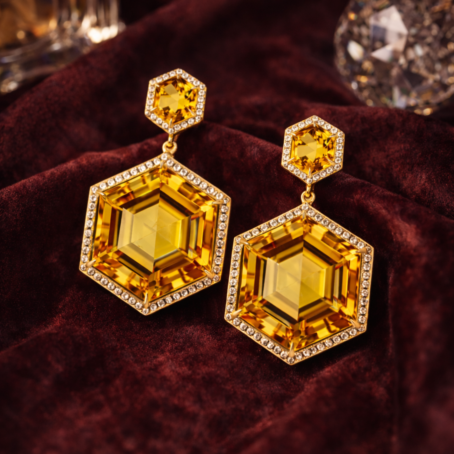 18K Gold Hexagon Statement Earrings