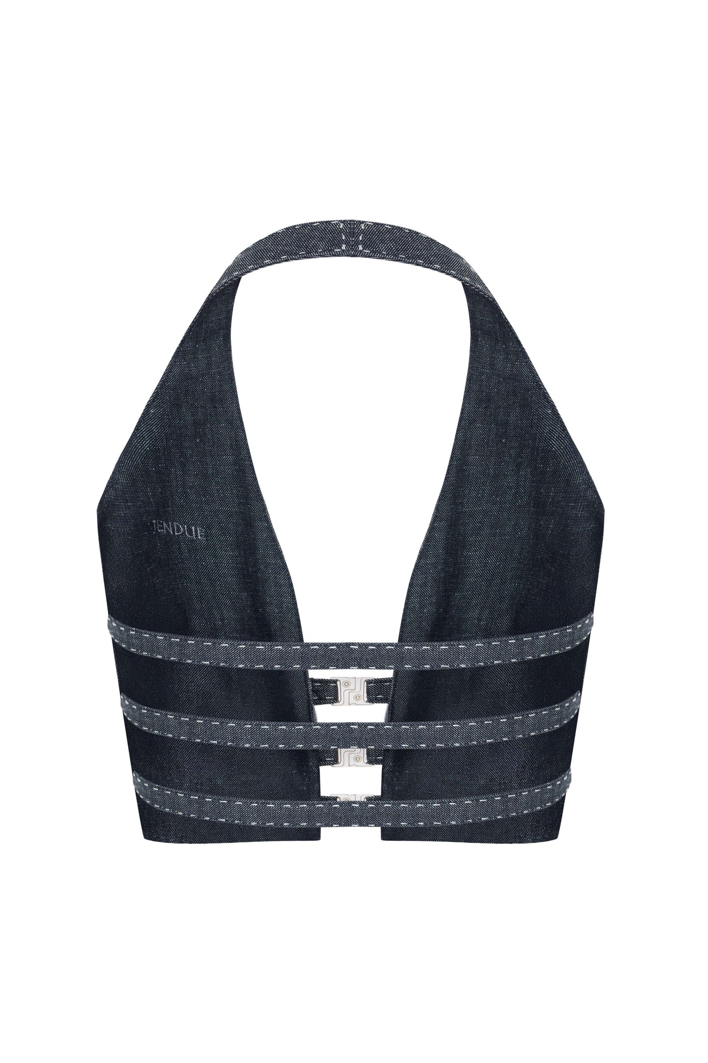 JENDUE Solen Crop - Denim Halter Top with Buckle Detail