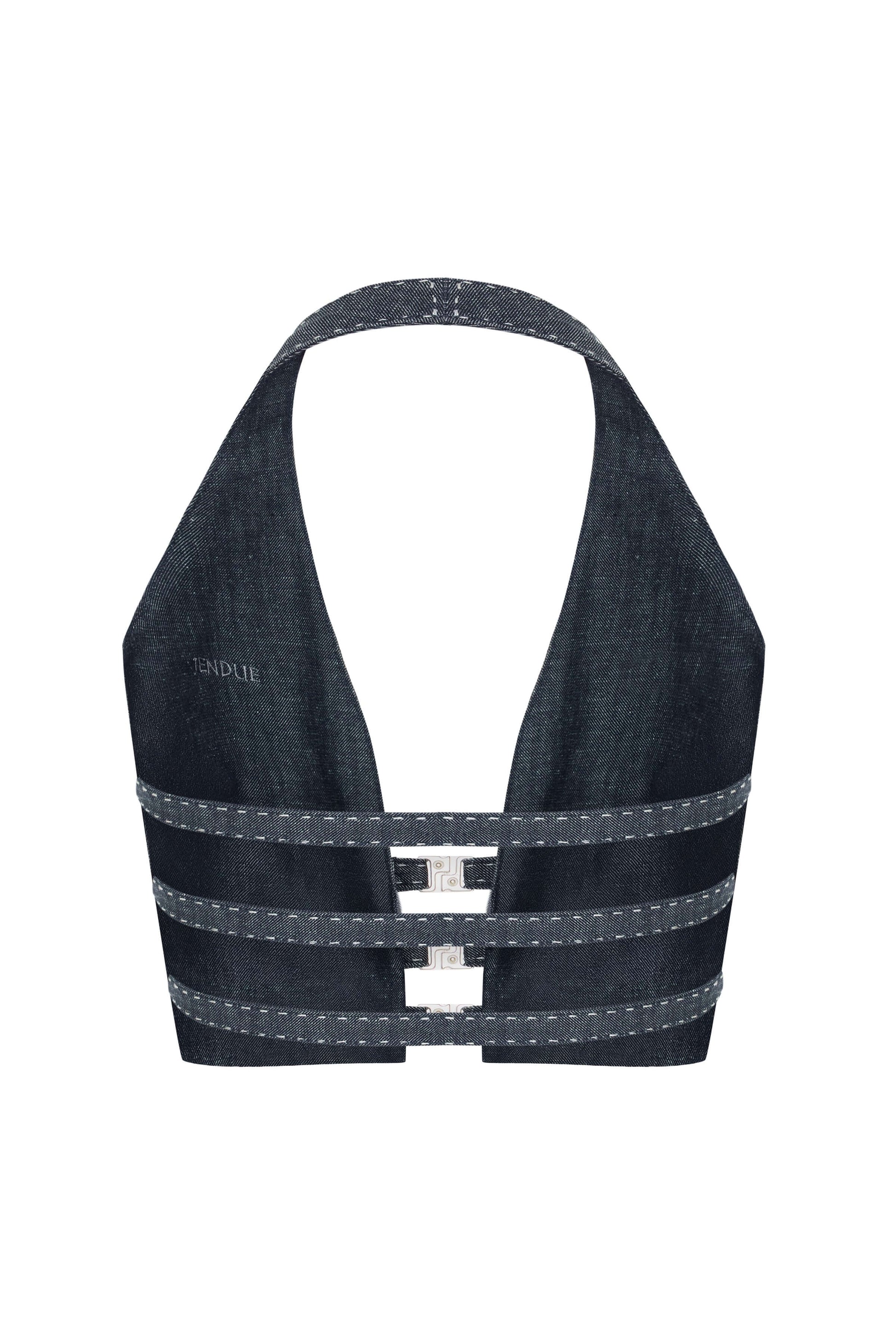 JENDUE Solen Crop - Denim Halter Top with Buckle Detail