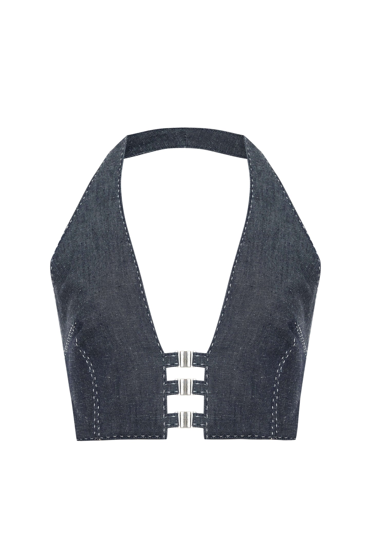 JENDUE Solen Crop - Denim Halter Top with Buckle Detail