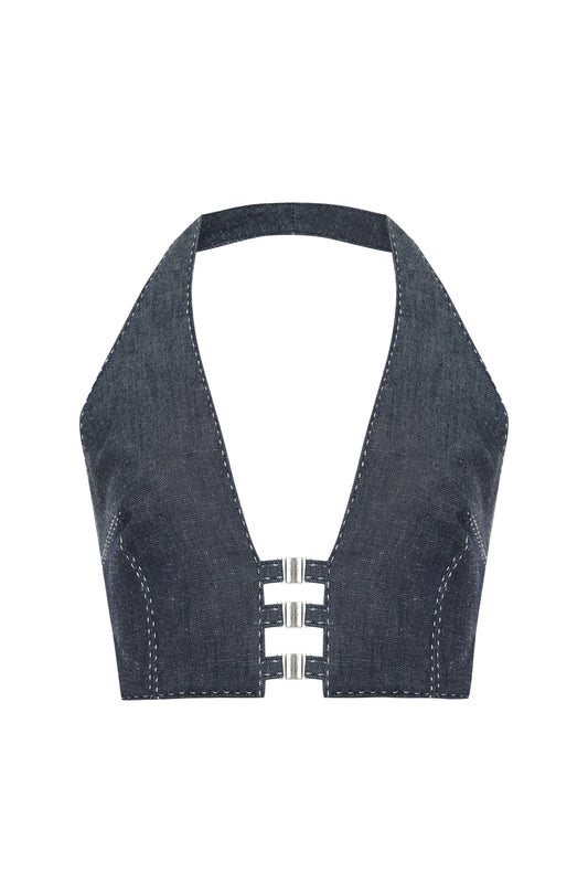 JENDUE Solen Crop - Denim Halter Top with Buckle Detail