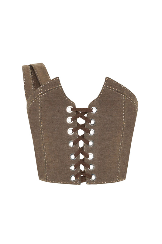 JENDUE Calen Crop Brown Lace-Up Canvas Corset Top