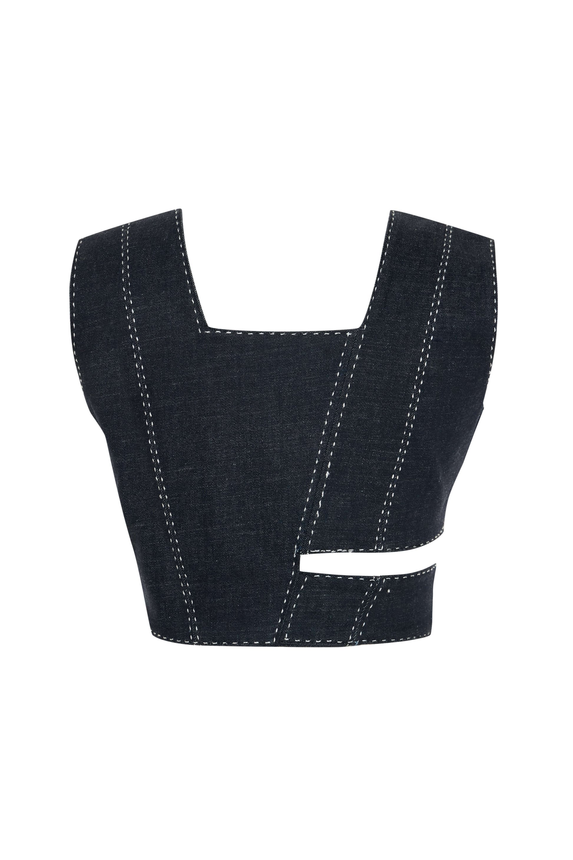 JENDUE Livia Crop - Asymmetric Dark Denim Cut-Out Top