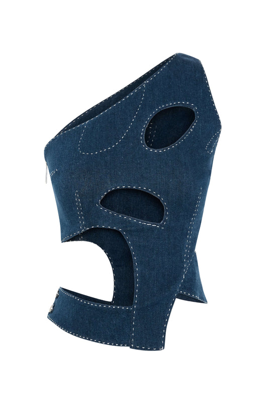 JENDUE Liora Crop Denim One-Shoulder Cutout Top