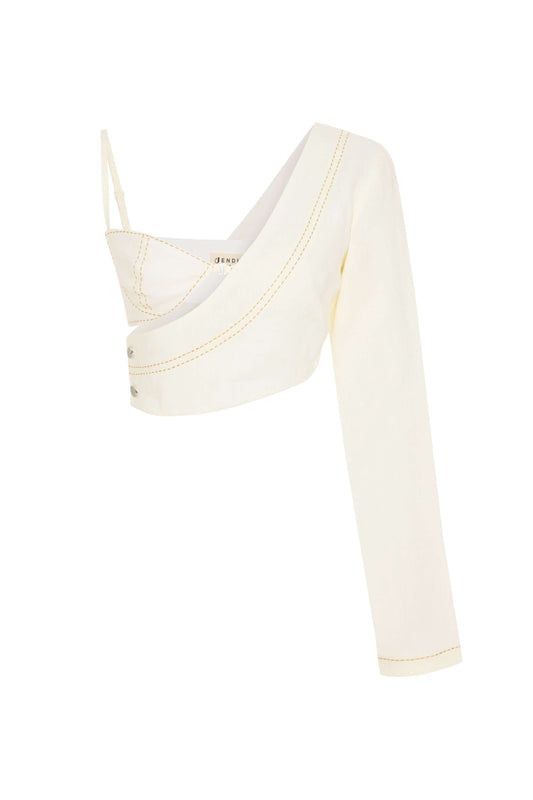 JENDUE Radiant Crop - Asymmetric One-Sleeve Linen Top