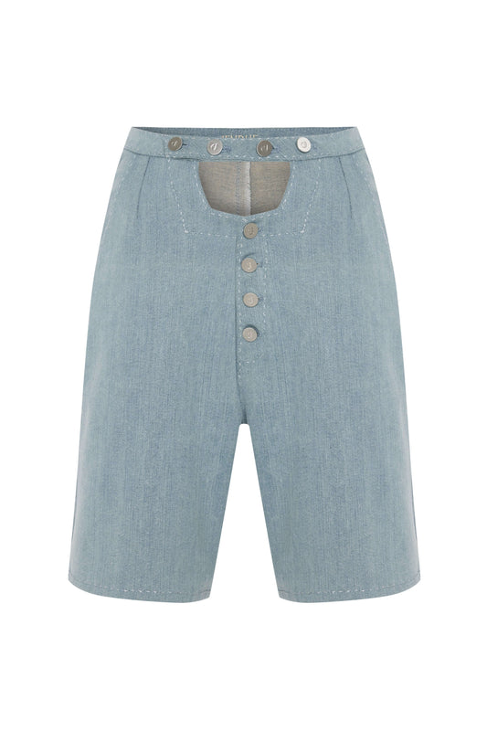 JENDUE Stormbringer Light Blue Denim Cut-Out Shorts