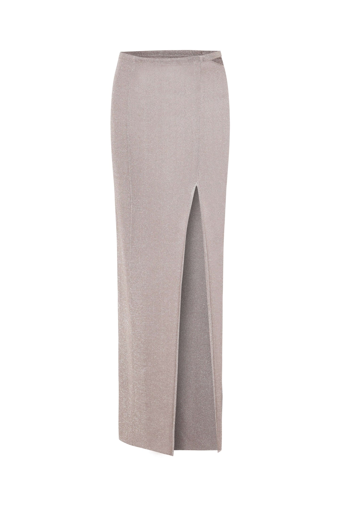 JENDUE Zahrâ Metallic Knit Maxi Skirt with High Slit