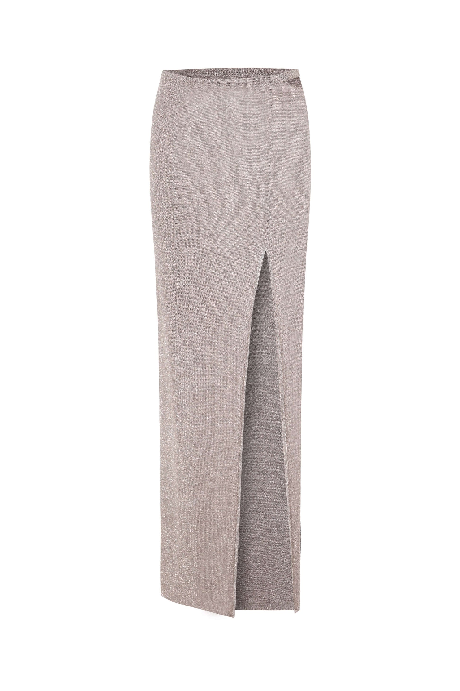 JENDUE Zahrâ Metallic Knit Maxi Skirt with High Slit