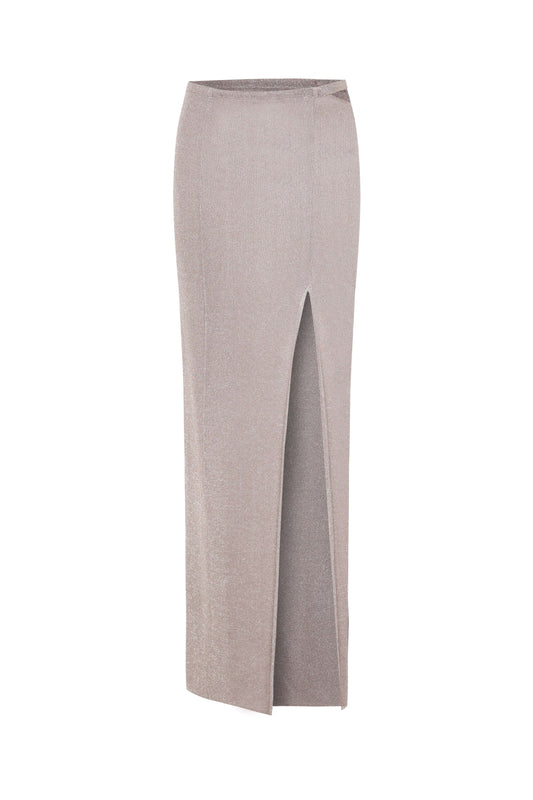 JENDUE Zahrâ Metallic Knit Maxi Skirt with High Slit
