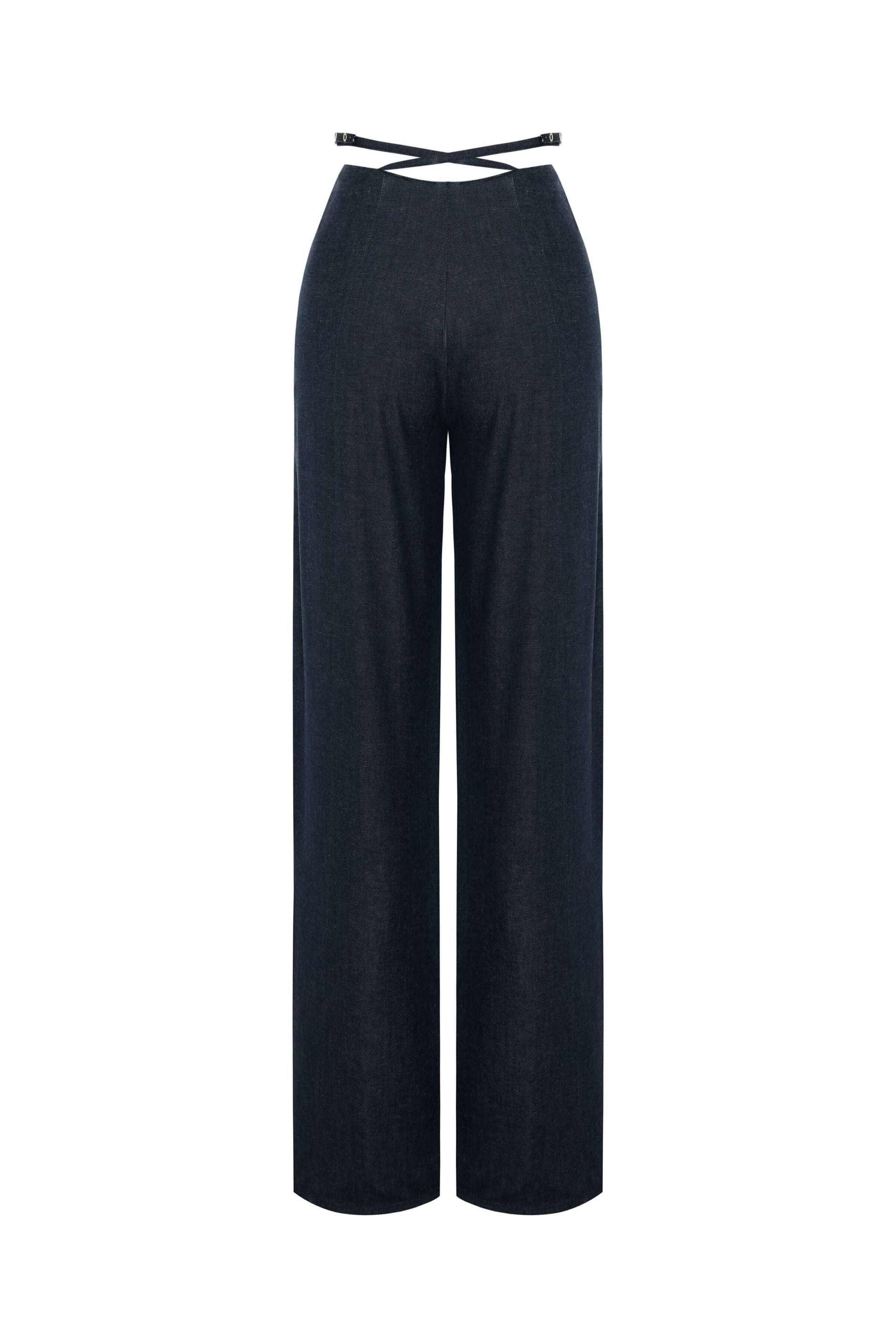 JENDUE Stella Trousers - High-Waist Criss-Cross Denim Pants