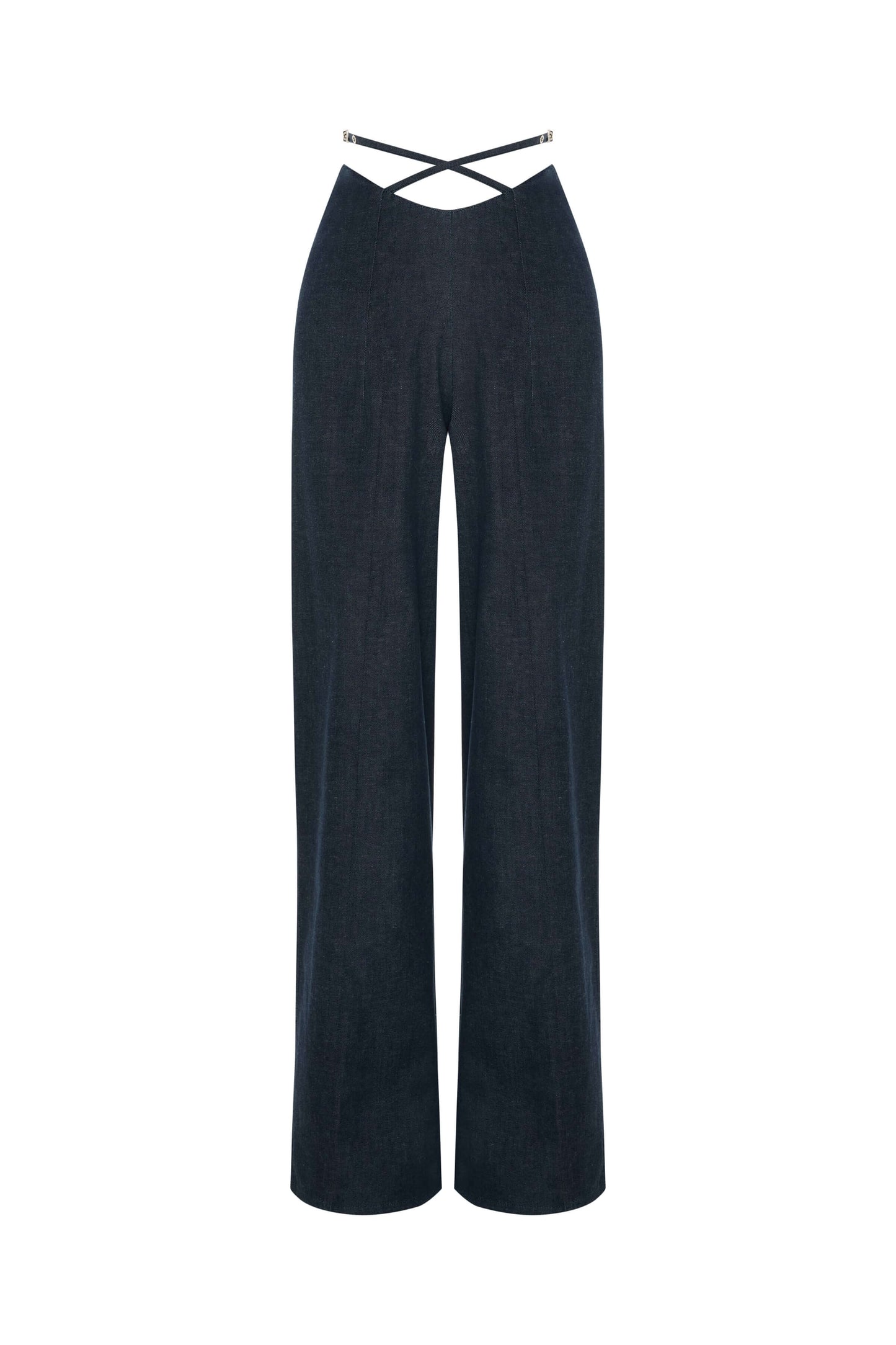 JENDUE Stella Trousers - High-Waist Criss-Cross Denim Pants