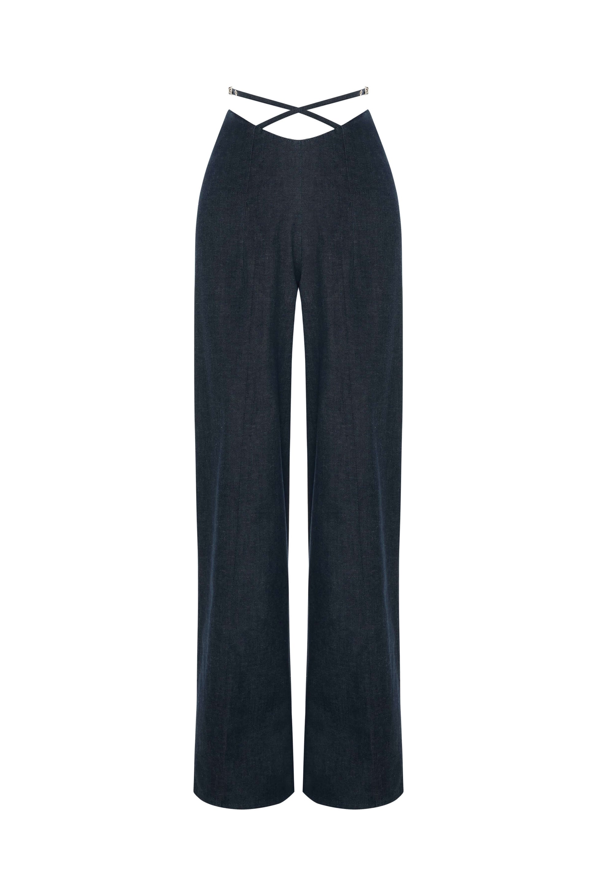 JENDUE Stella Trousers - High-Waist Criss-Cross Denim Pants