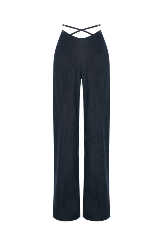 JENDUE Stella Trousers - High-Waist Criss-Cross Denim Pants