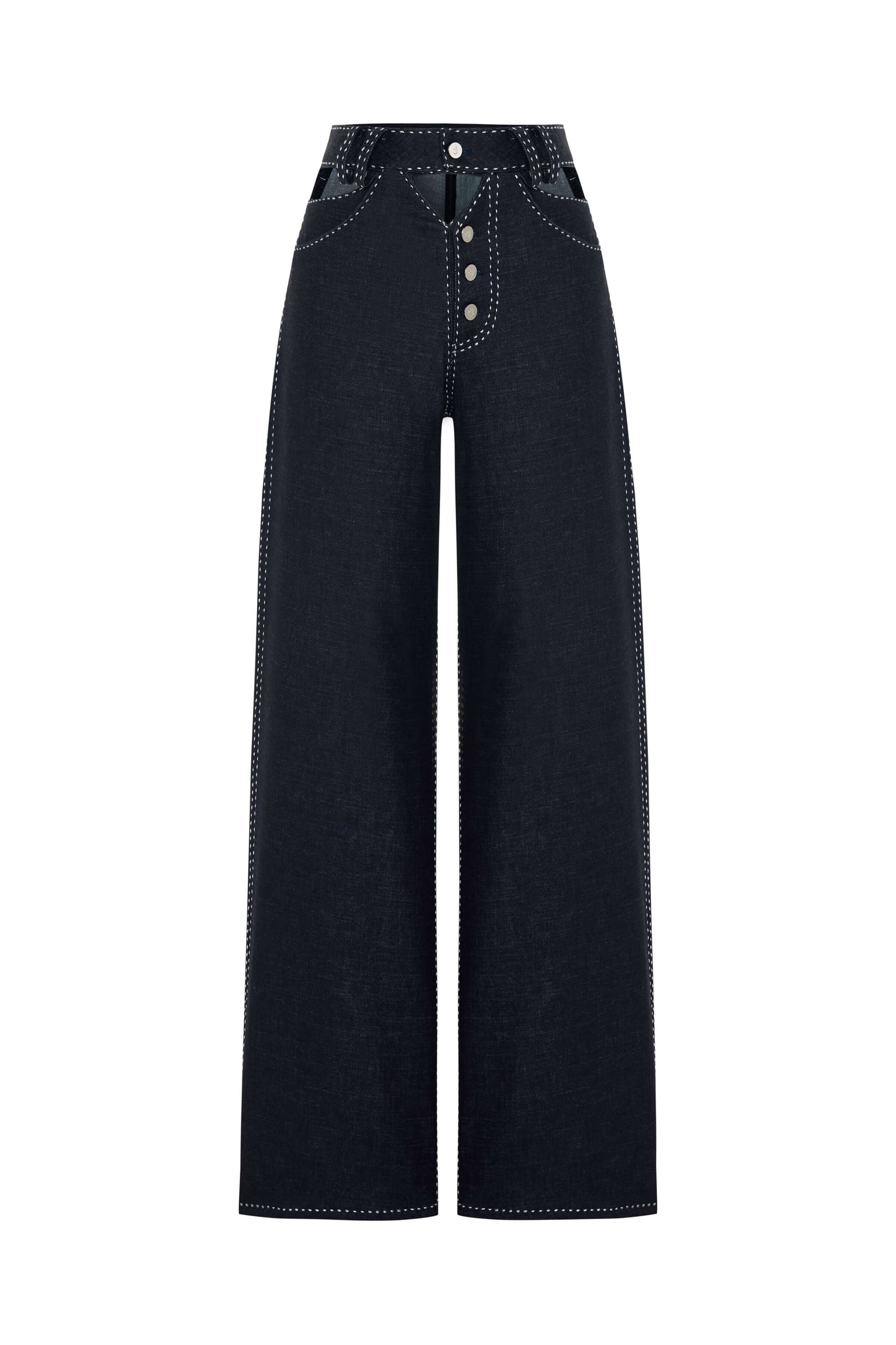 JENDUE Livia Trousers - Wide-Leg High-Waist Navy Denim