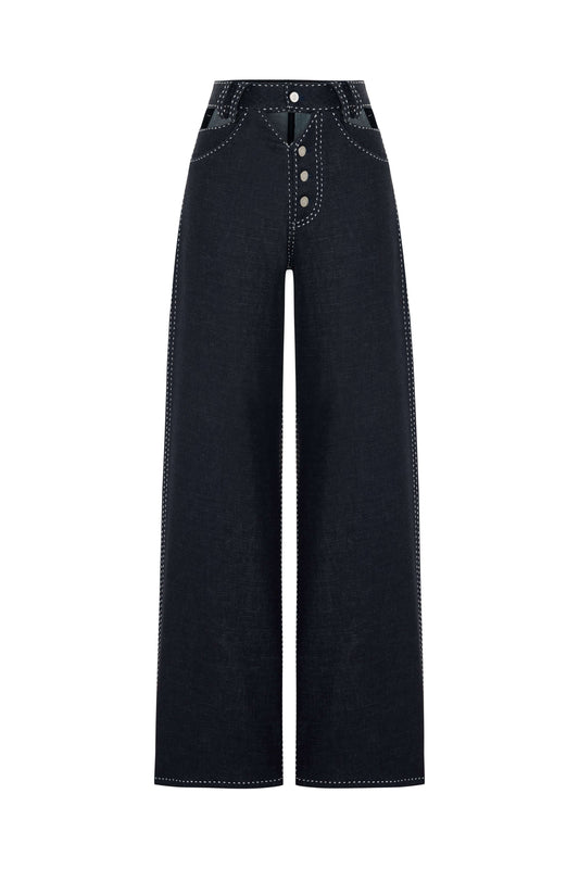 JENDUE Livia Trousers - Wide-Leg High-Waist Navy Denim
