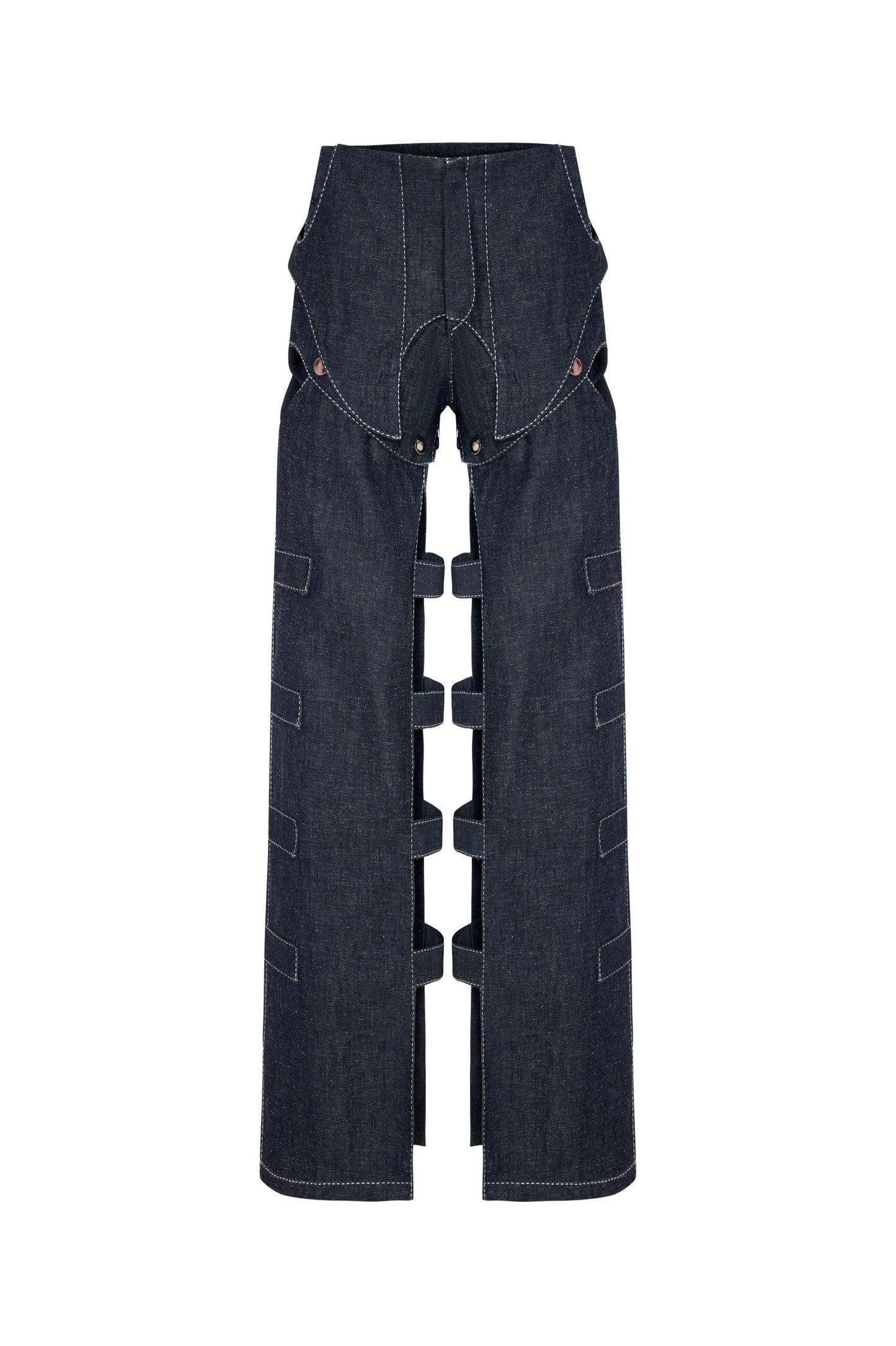 JENDUE Solen Trousers - Avant-Garde Cut-Out Denim Design