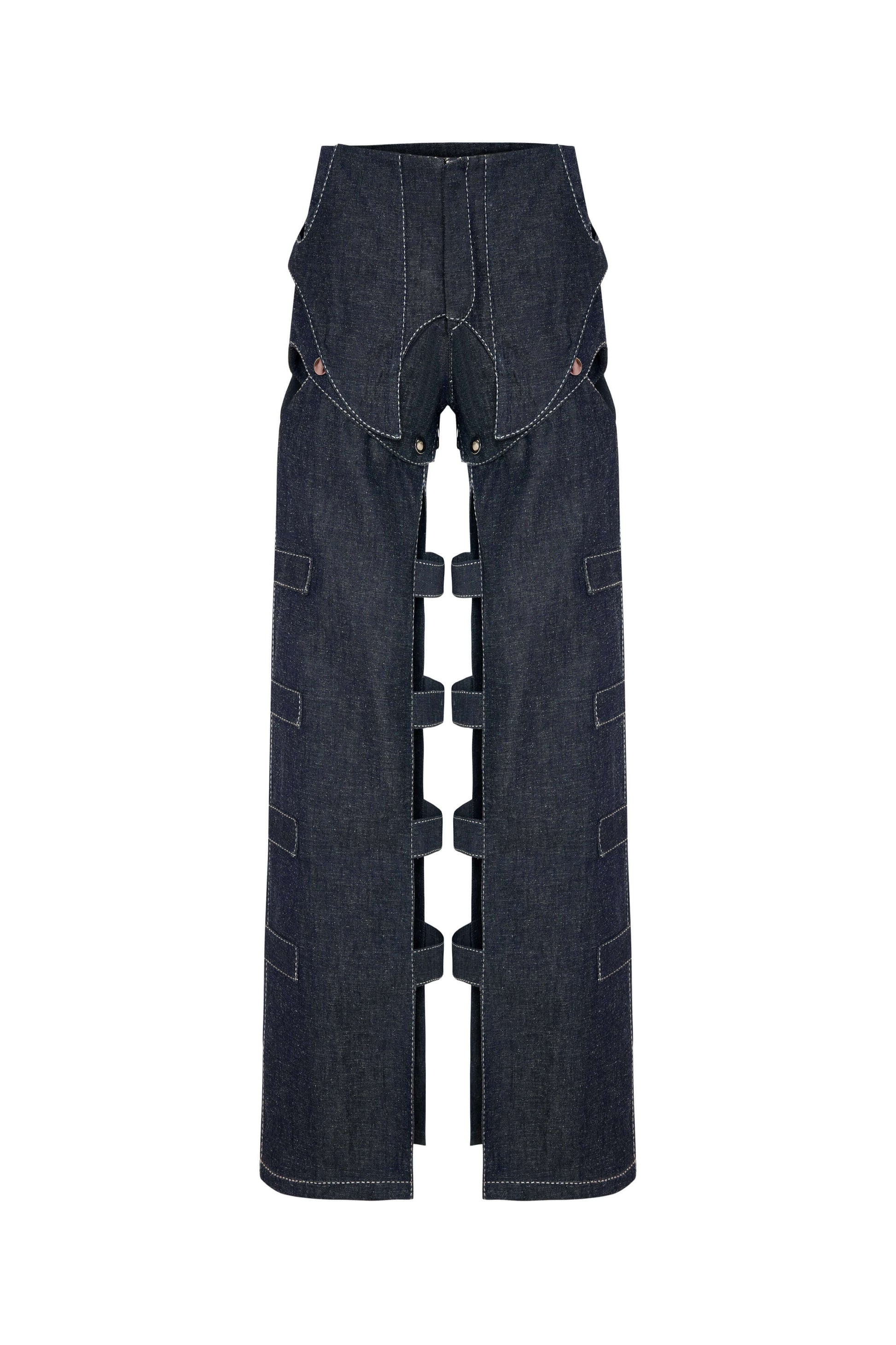 JENDUE Solen Trousers - Avant-Garde Cut-Out Denim Design
