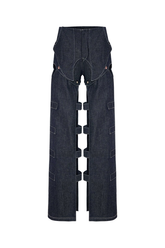 JENDUE Solen Trousers - Avant-Garde Cut-Out Denim Design