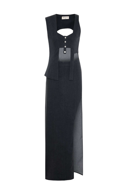 JENDUE Raffinato Dress - Denim Cut-Out Maxi Dress
