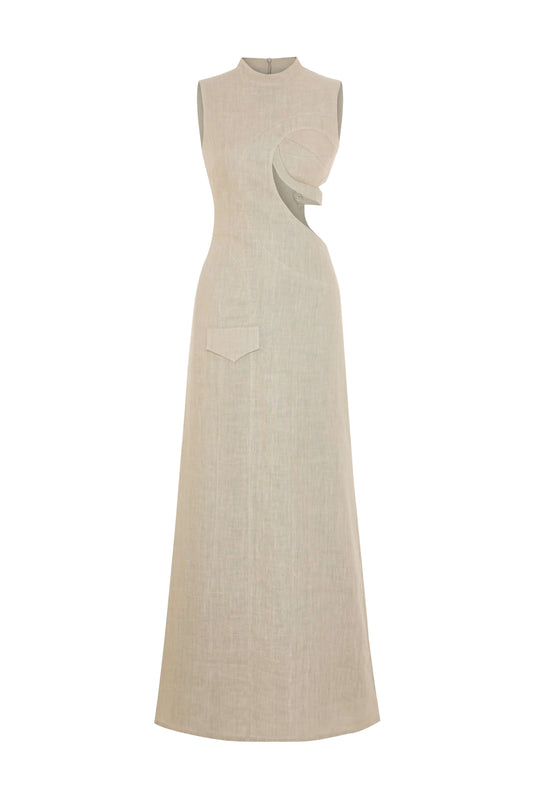 JENDUE Soul Flame Dress - Avant-Garde Linen Maxi Cut-Out