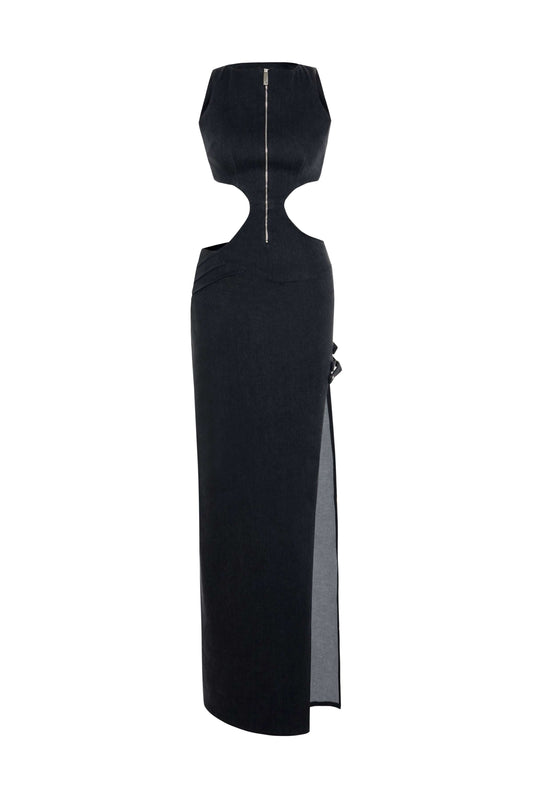 JENDUE Maia Dress - Black Denim Cut-Out Maxi Dress