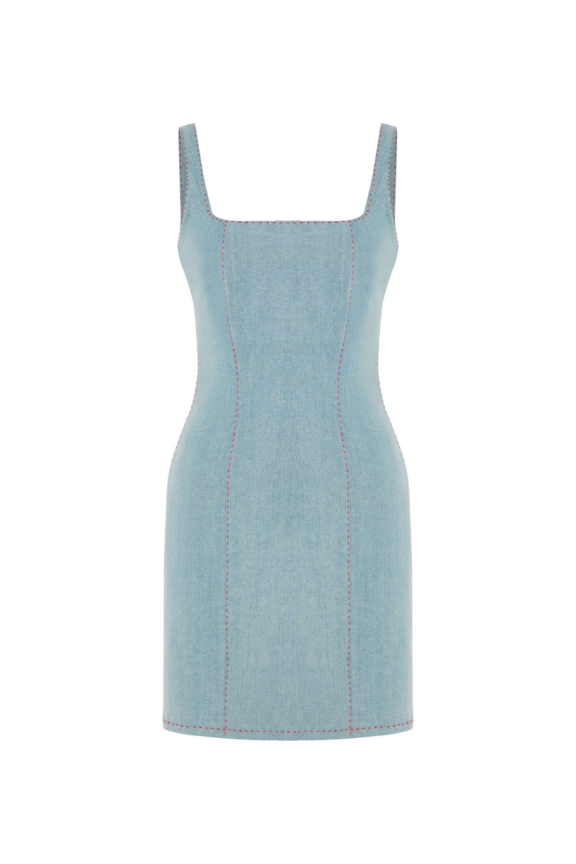 JENDUE Rachele Dress - Denim Mini Dress with Red Stitch