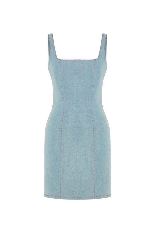 JENDUE Rachele Dress - Denim Mini Dress with Red Stitch