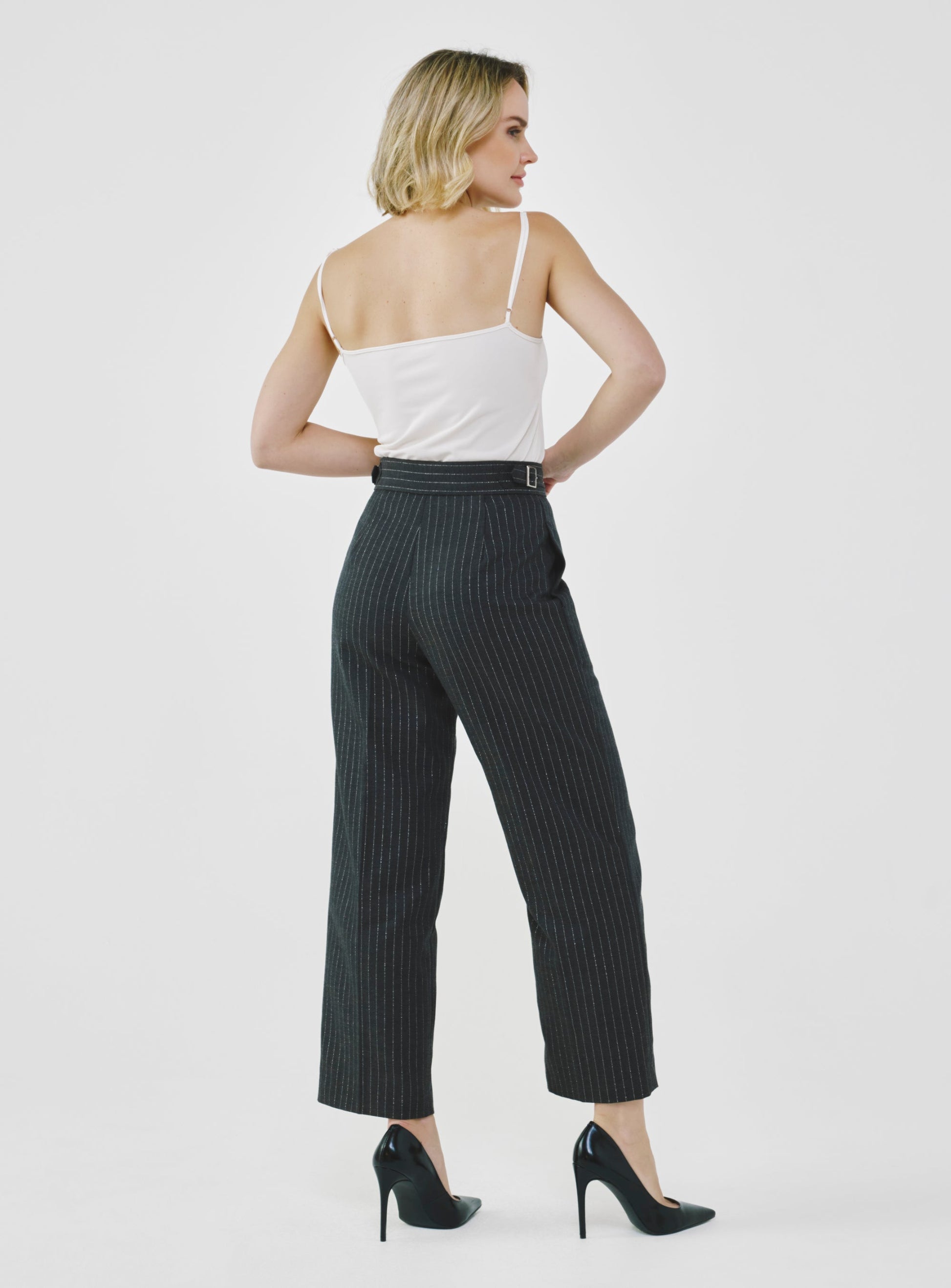 Pinstripe High-Waist Tailored Pants