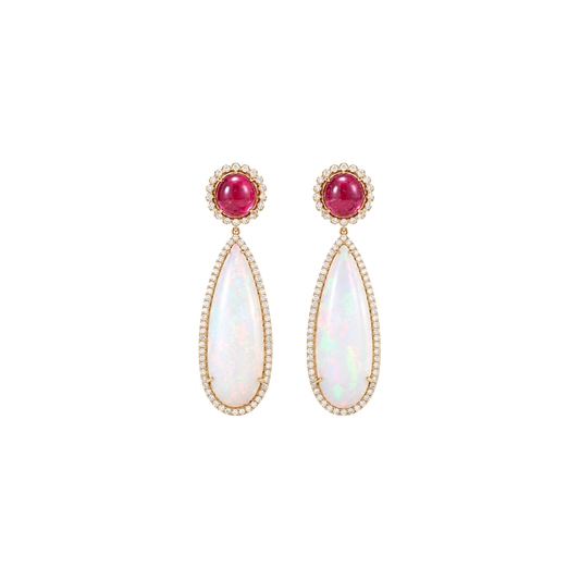 14K Gold Ethiopian Opal Ruby Earrings