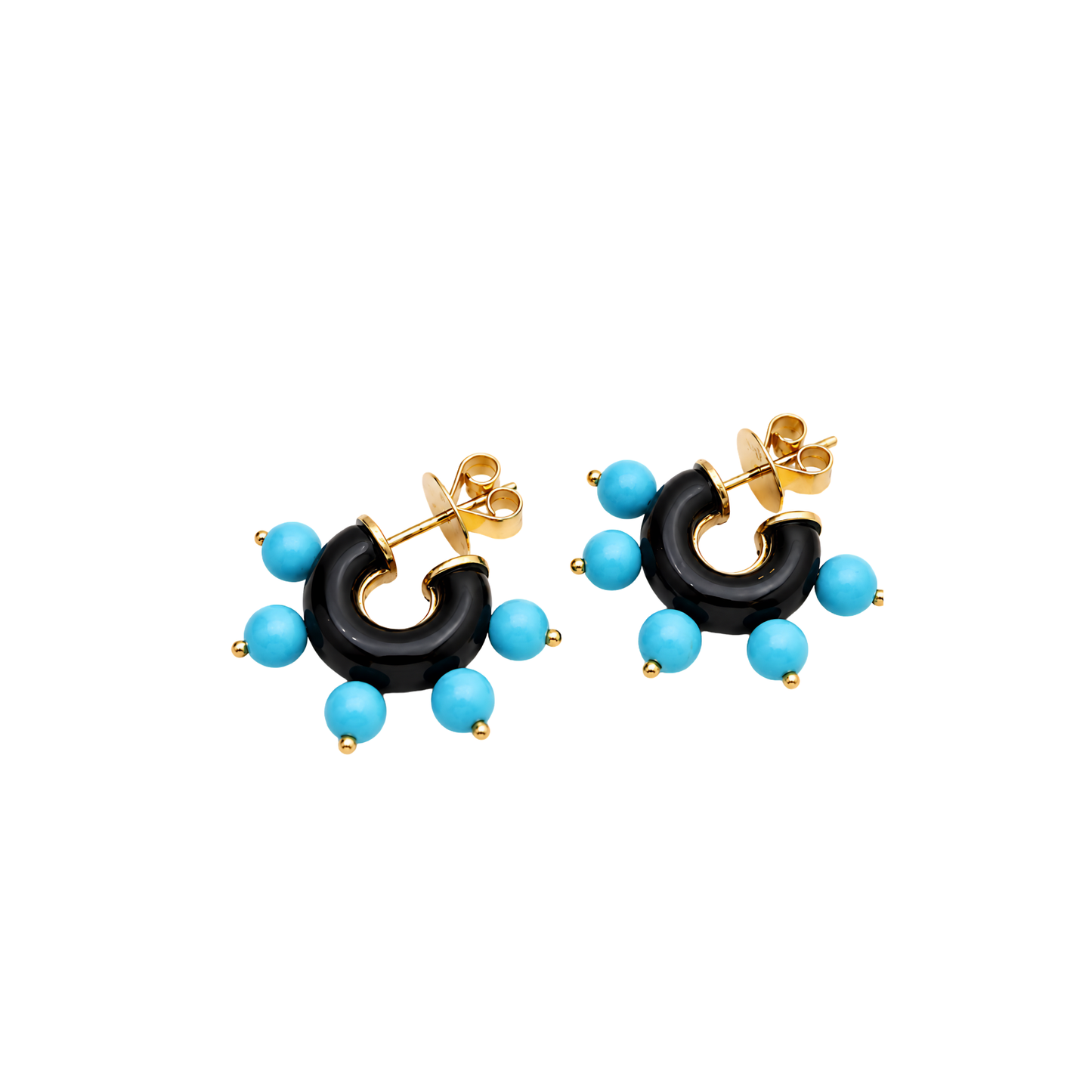 18K Gold Black Onyx & Turquoise Hoop Earrings