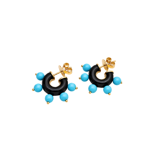 18K Gold Black Onyx & Turquoise Hoop Earrings