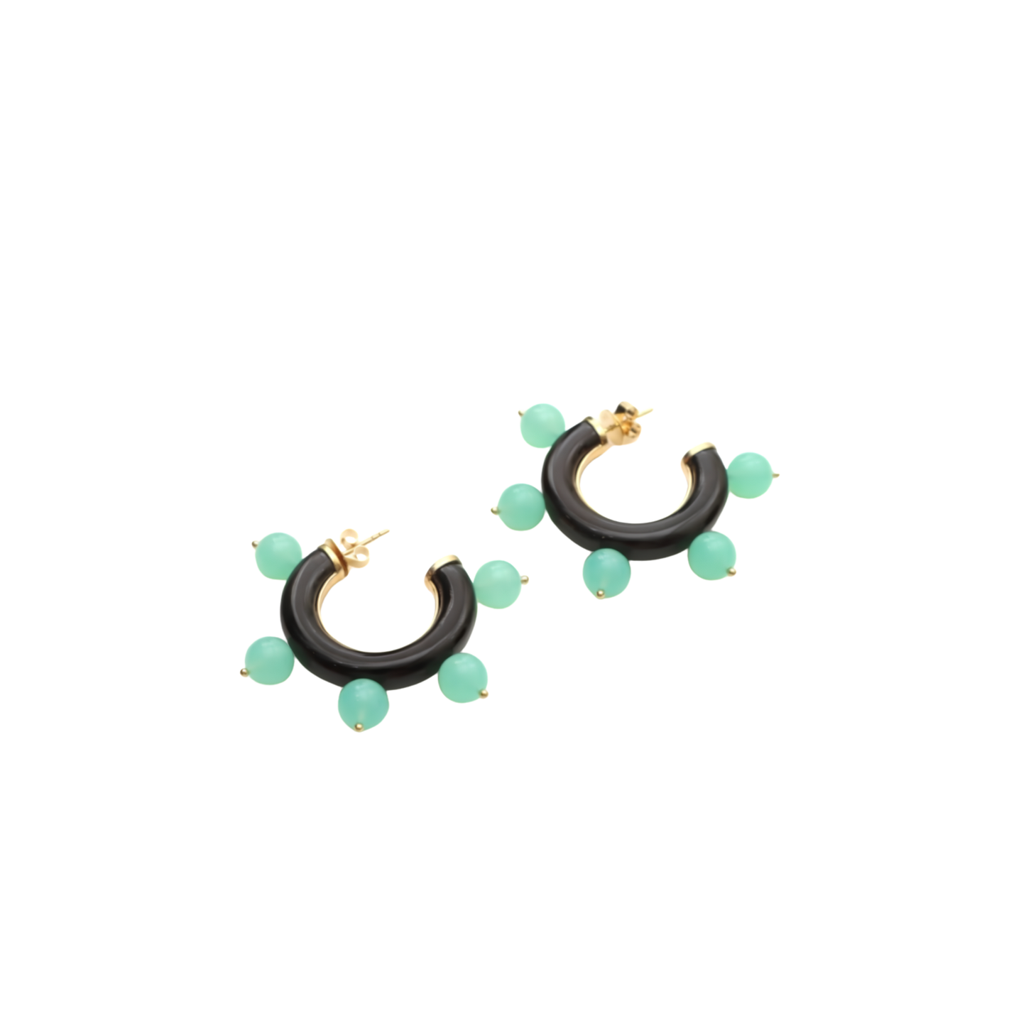 18K Gold Black Onyx & Chrysoprase Hoop Earrings