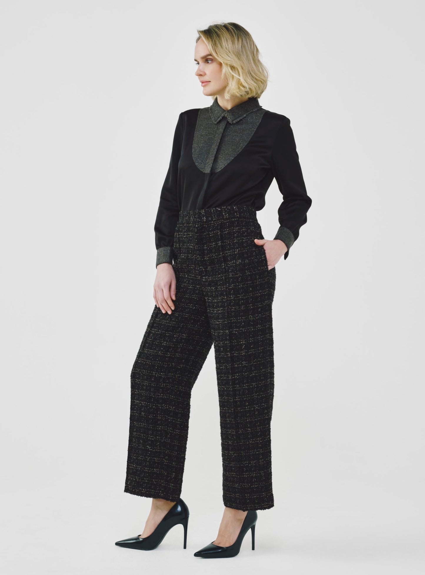 Fancy Tweed Wide Leg Pants with Elastic Waistband