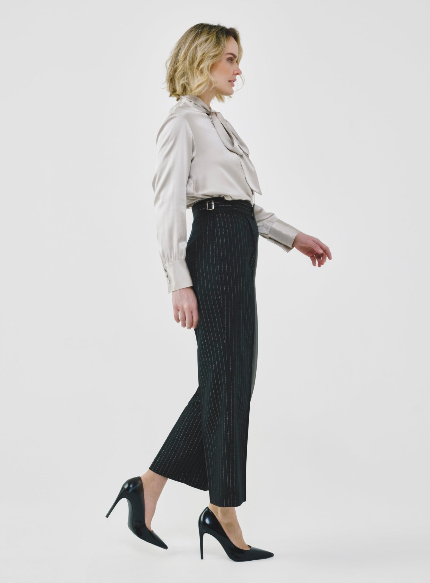 Pinstripe High-Waist Tailored Pants